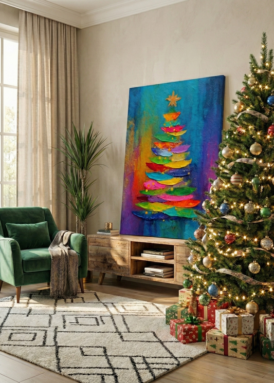 Yılbaşı Hediyesi Renkli Yılbaşı Ağacı Kanvas Tablo Dekoratif Duvar Tablosu