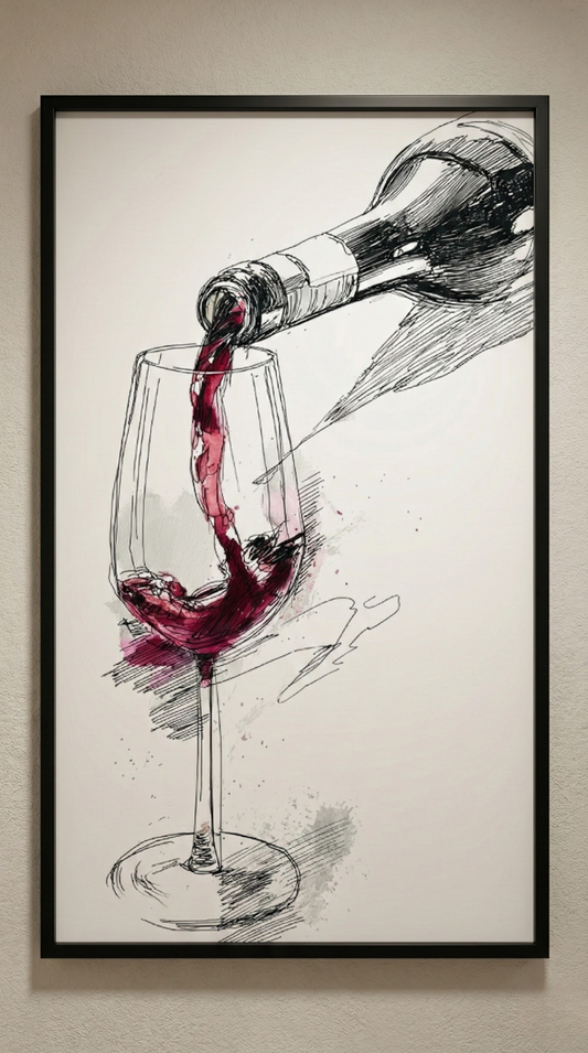 Şarap Temalı Çizim Stil Çerçeveli Tablo Modern Duvar Dekoru