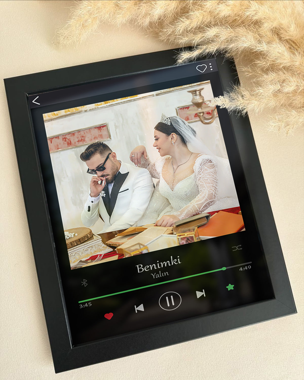 Kişiye Özel “Müzik Çalar” Düğün Posteri – Fotoğraf + Şarkı İsmi | Çerçeveli UV Baskı 🎵🖼️