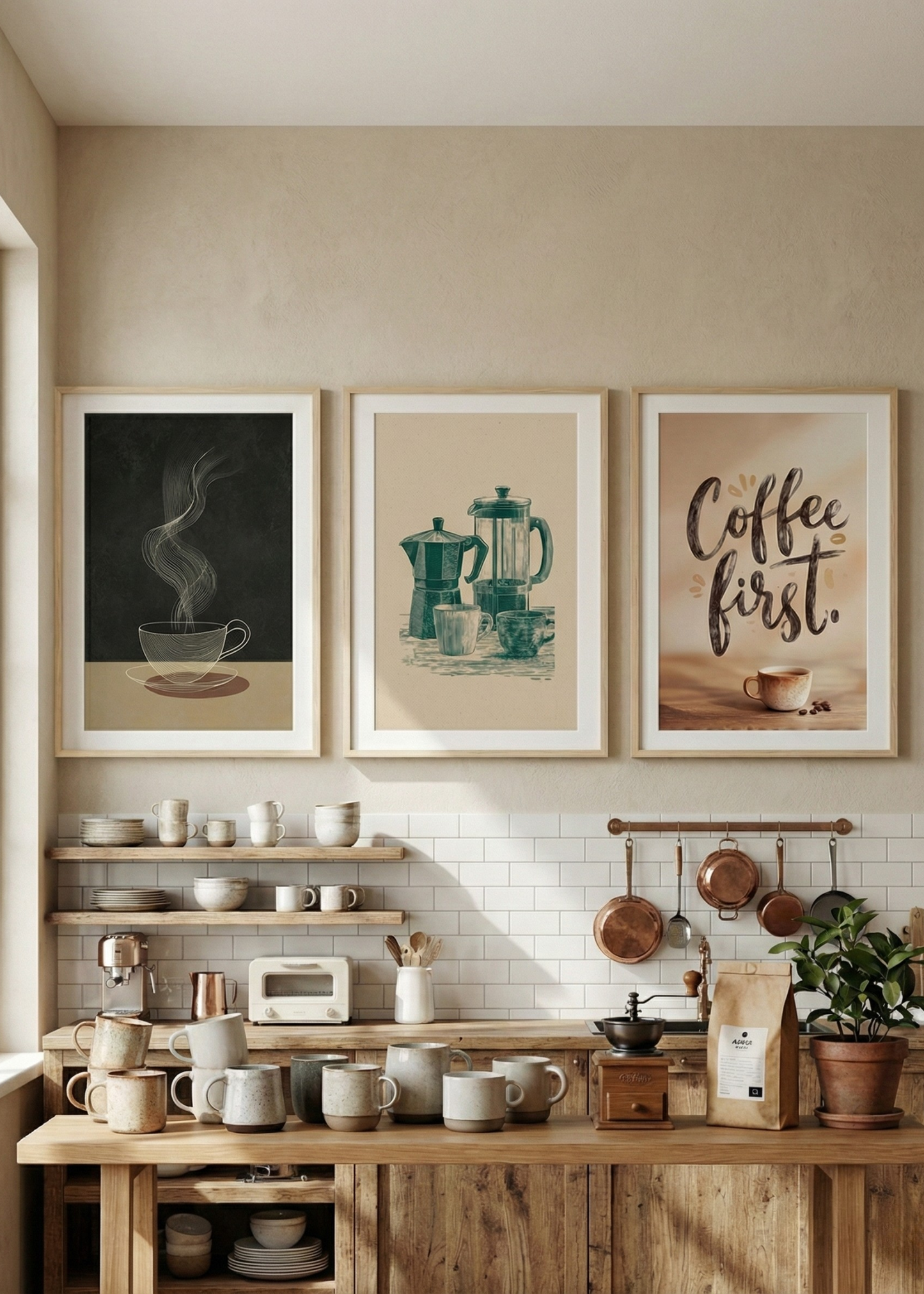 Mutfak ve Kahve Köşesi İçin 3'lü Şık Çerçeveli Tablo Seti