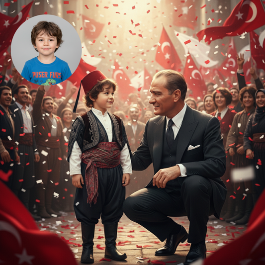 Ulu Önder Atatürk ile Aynı Karede! Kişiye Özel Kanvas Tablo | Çocuk Fotoğrafı – Milli Bayram Hediyesi