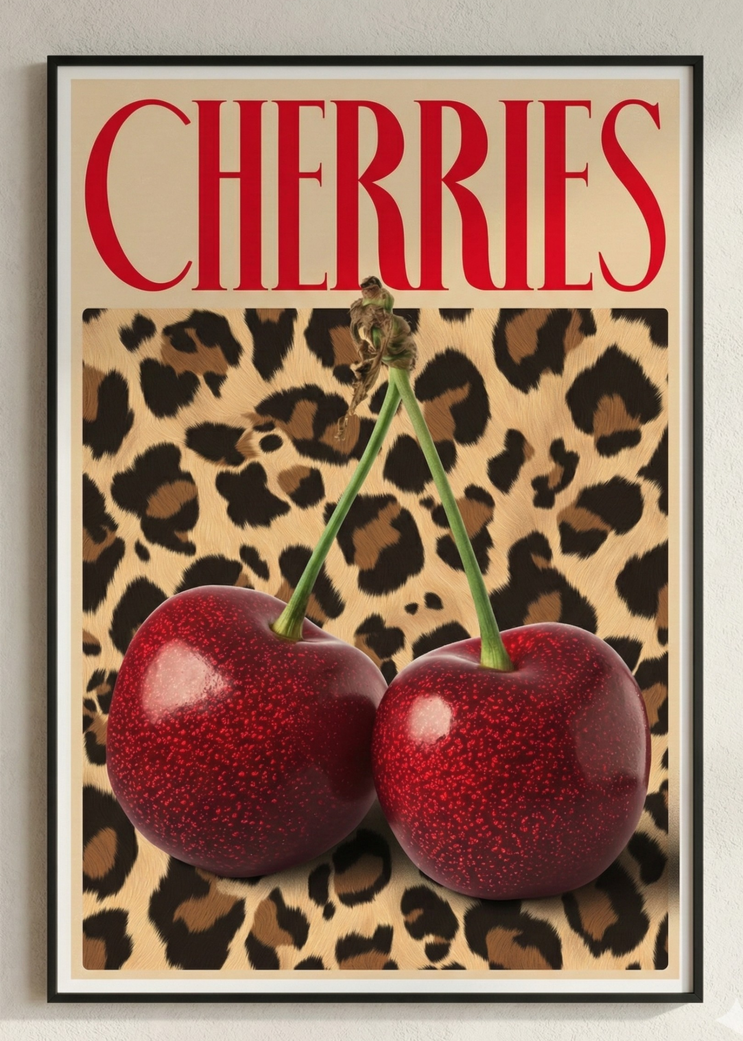 Cherries Yazılı Leopar Desenli Dekoratif Çerçeveli Duvar Tablosu