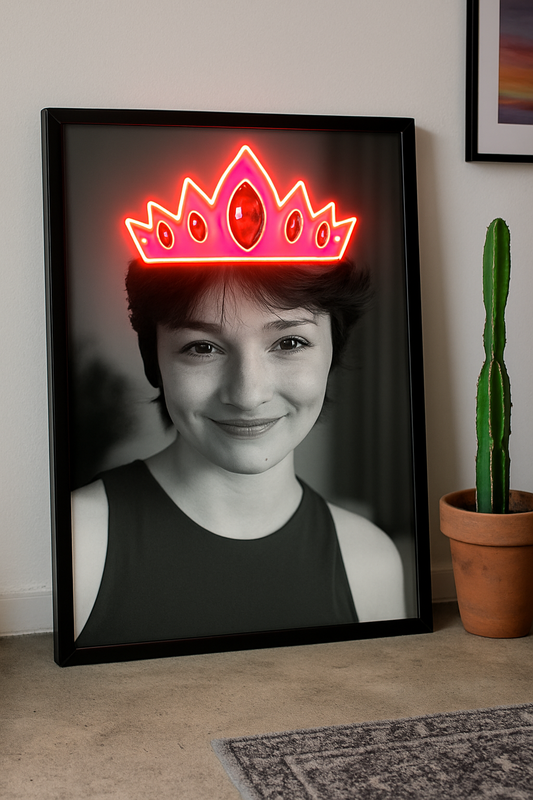 Personalized Black and White Portrait - Woman with Neon Crown