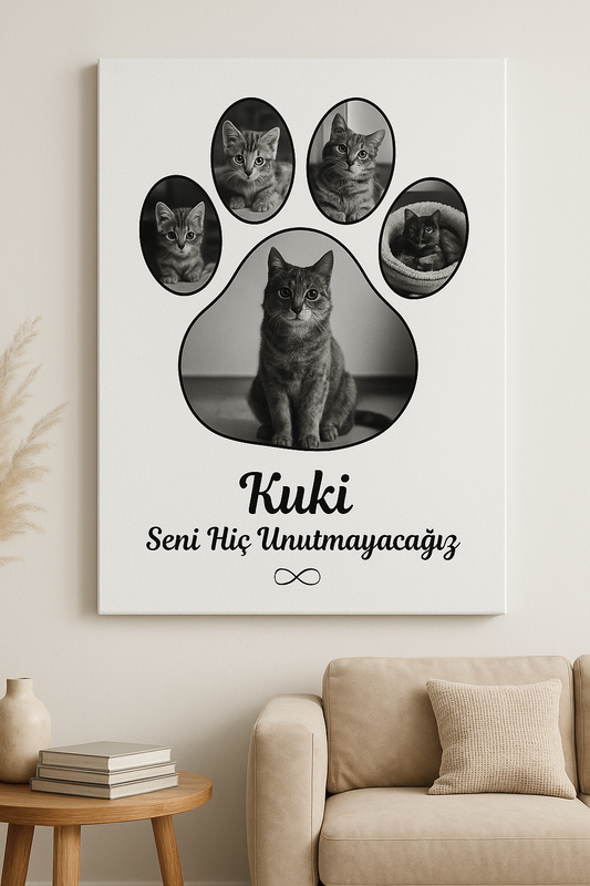 Kişiye Özel Evcil Hayvan Hatıra Kanvas Tablo | Pati Şeklinde Siyah Beyaz Fotoğraf  Kedi ve Köpek Anı Tablosu
