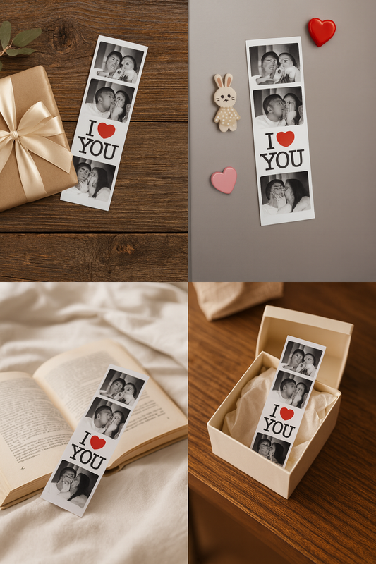 Kişiye Özel Photobooth Fotoğraf Şeridi “I LOVE YOU” – Romantik Hediye, Kitap Ayracı