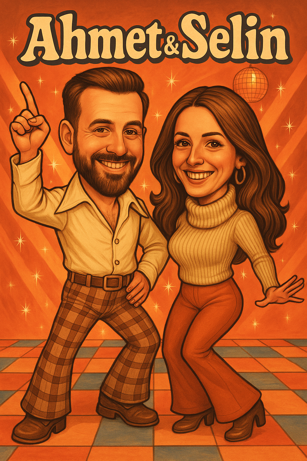 Kişiye Özel 70’ler Tarzı Karikatürize Çerçeveli Tablo – Sevgiliye Retro Disco Temalı Hediye