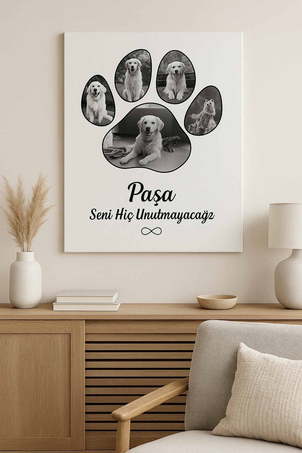 Kişiye Özel Evcil Hayvan Hatıra Kanvas Tablo | Pati Şeklinde Siyah Beyaz Fotoğraf Kedi ve Köpek Anı Tablosu