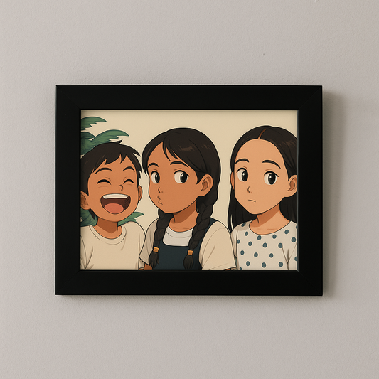🌟 Kişiselleştirilebilir Ghibli Tarzı Çerçeveli Tablo 🌟 | Çocuk/Arkadaş Kolaj İllüstrasyon 🎁🖼️