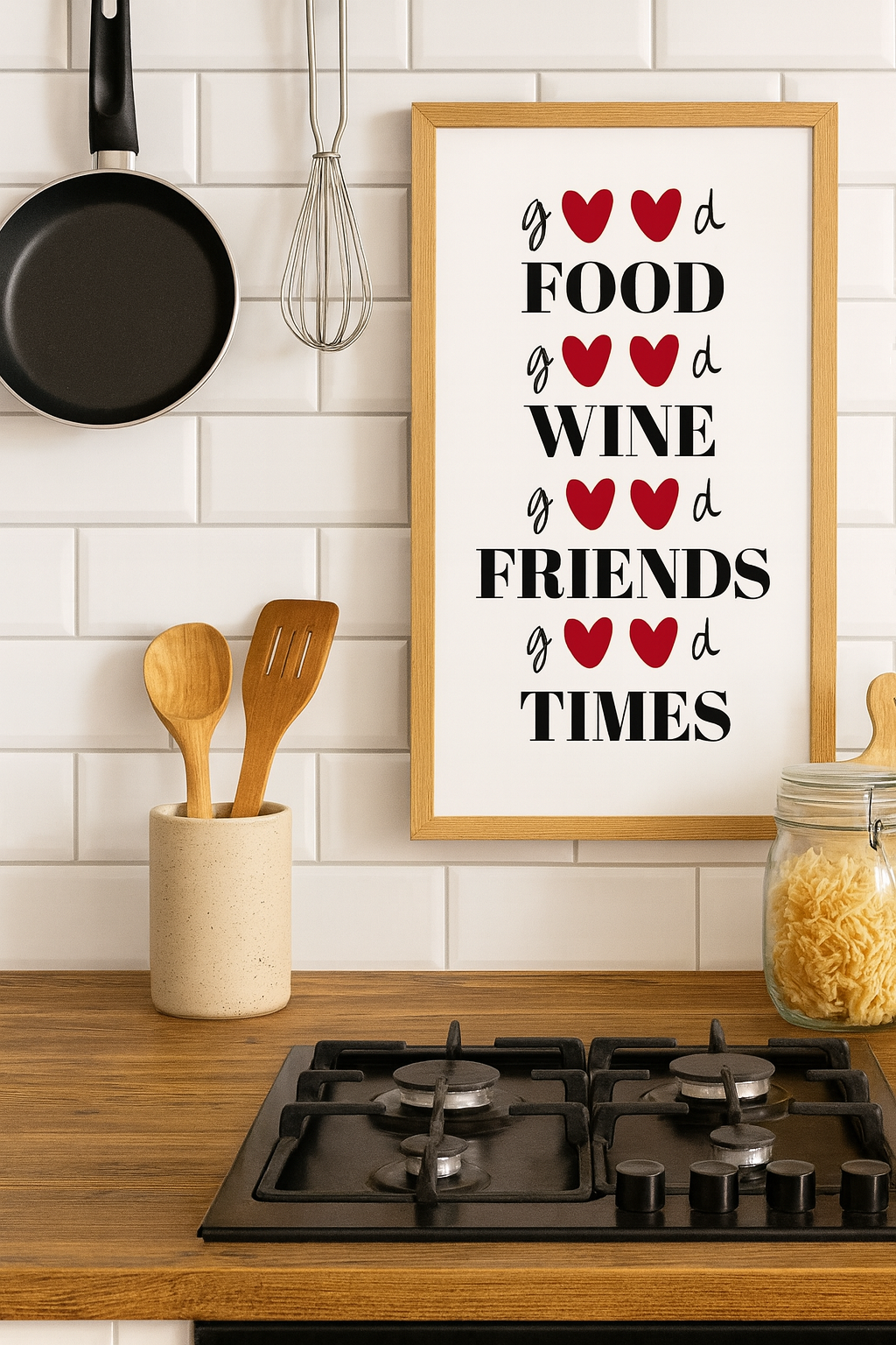 🍷 Good Food, Good Wine, Good Friends, Good Times – Mutfak Çerçeveli Duvar Tablosu