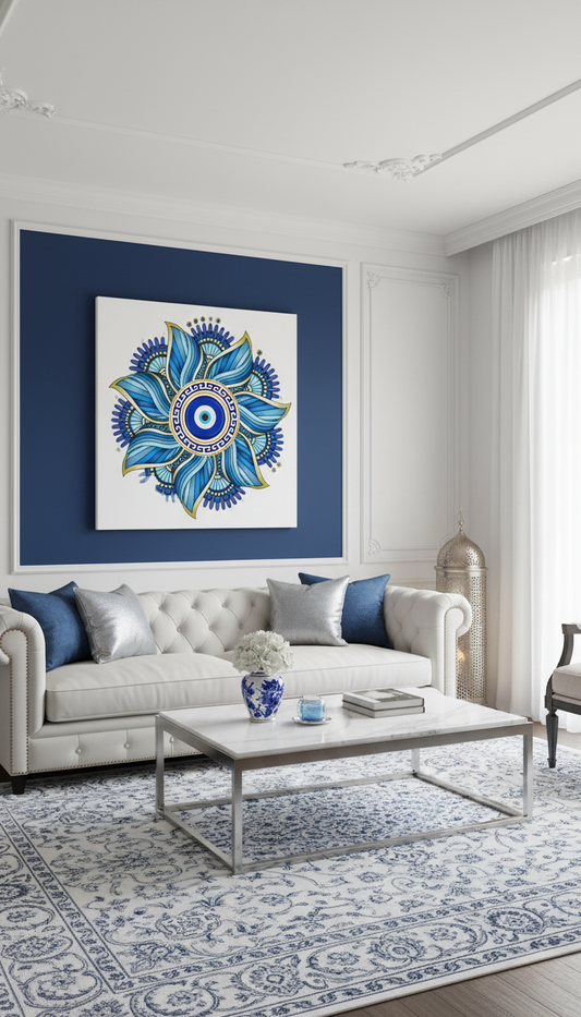 🧿 Nazar Boncuğu Çiçek Desenli Kanvas Tablo – Lüks Salonlar İçin Şık Koruyucu Dekor