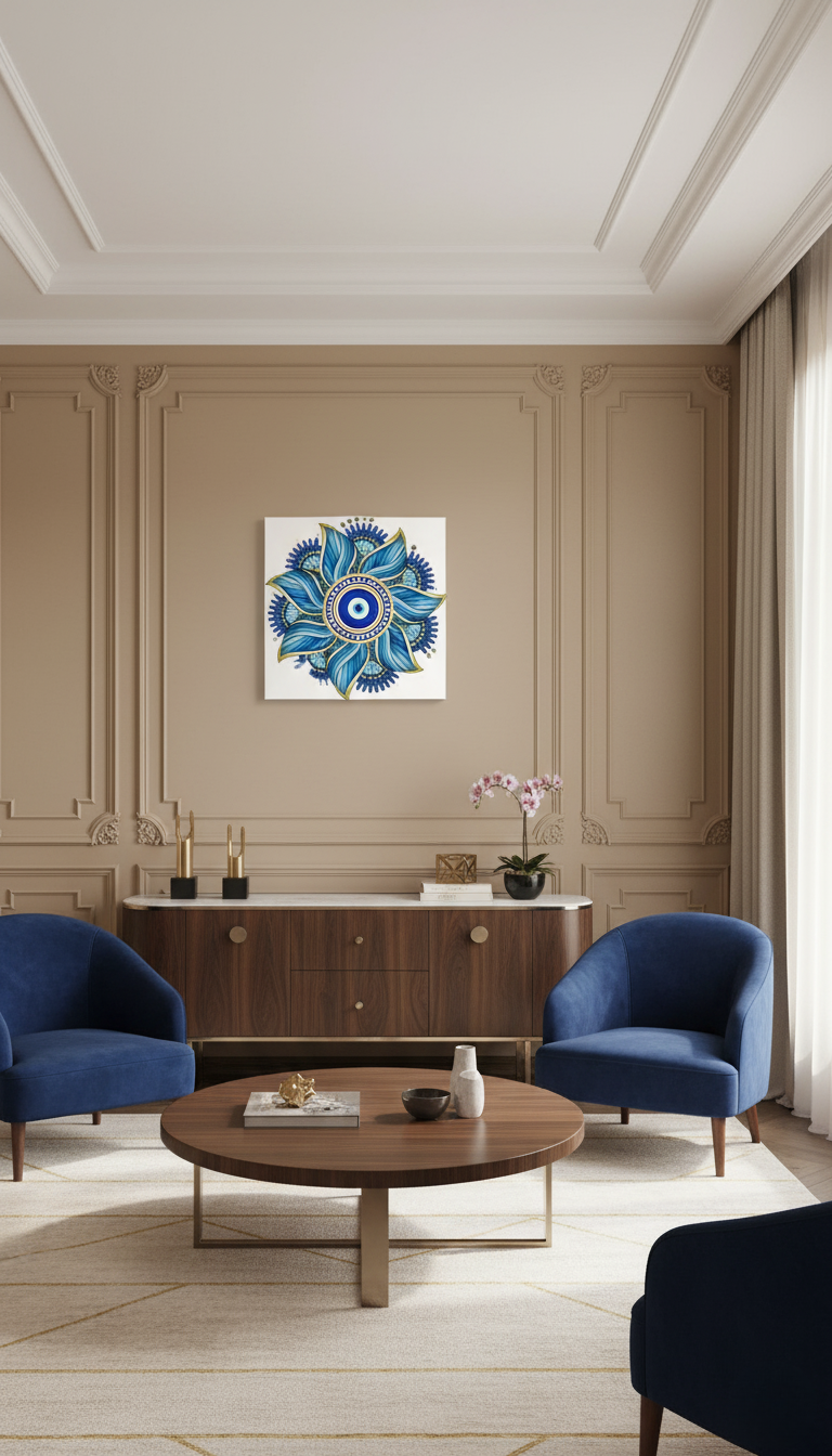 🧿 Nazar Boncuğu Çiçek Desenli Kanvas Tablo – Lüks Salonlar İçin Şık Koruyucu Dekor