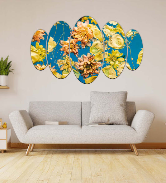 Yellow Blue Themed Floral Patterned Partial Painting