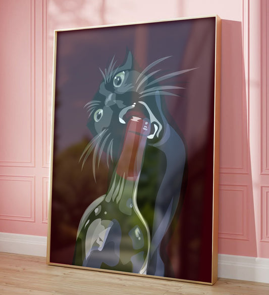 Cat Wine Themed Framed Painting