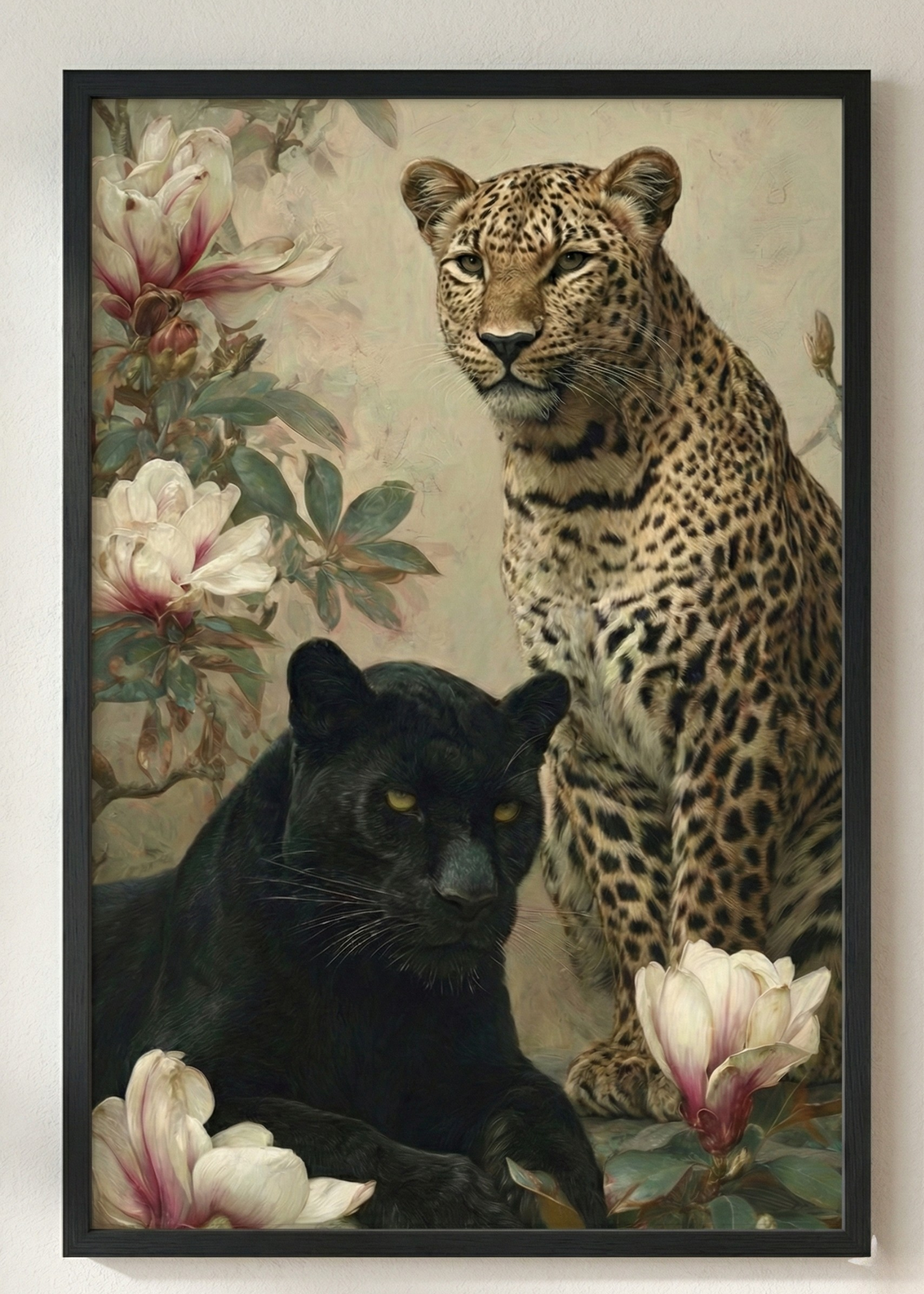 Vahşi Zarafet Leopar ve Kara Panter Çiçekli Tasarım Siyah Çerçeveli Tablo - Lüks Salon Dekoru
