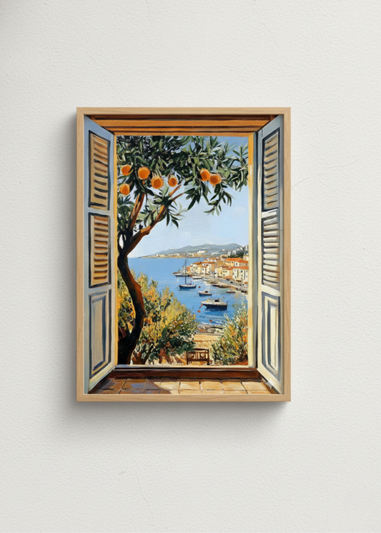 Akdeniz Pencere Manzaralı Çerçeveli Tablo - Portakal Ağacı ve Deniz Temalı