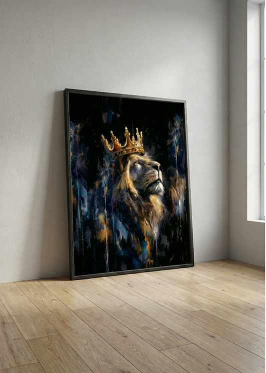 Lüks Dekorasyon Taçlı Aslan Çerçeveli Tablo - Ofis ve Salon Duvar Sanatı
