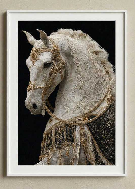 Gold Renkli Beyaz At Siyah Desen Tasarım Çerçeveli Tablo - Lüks Ofis ve Salon Dekoru