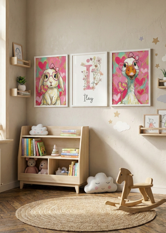 Kişiye Özel İsimli 3'lü Çocuk Odası Tablo Seti - Pembe Tavşan ve Kaz Tasarım