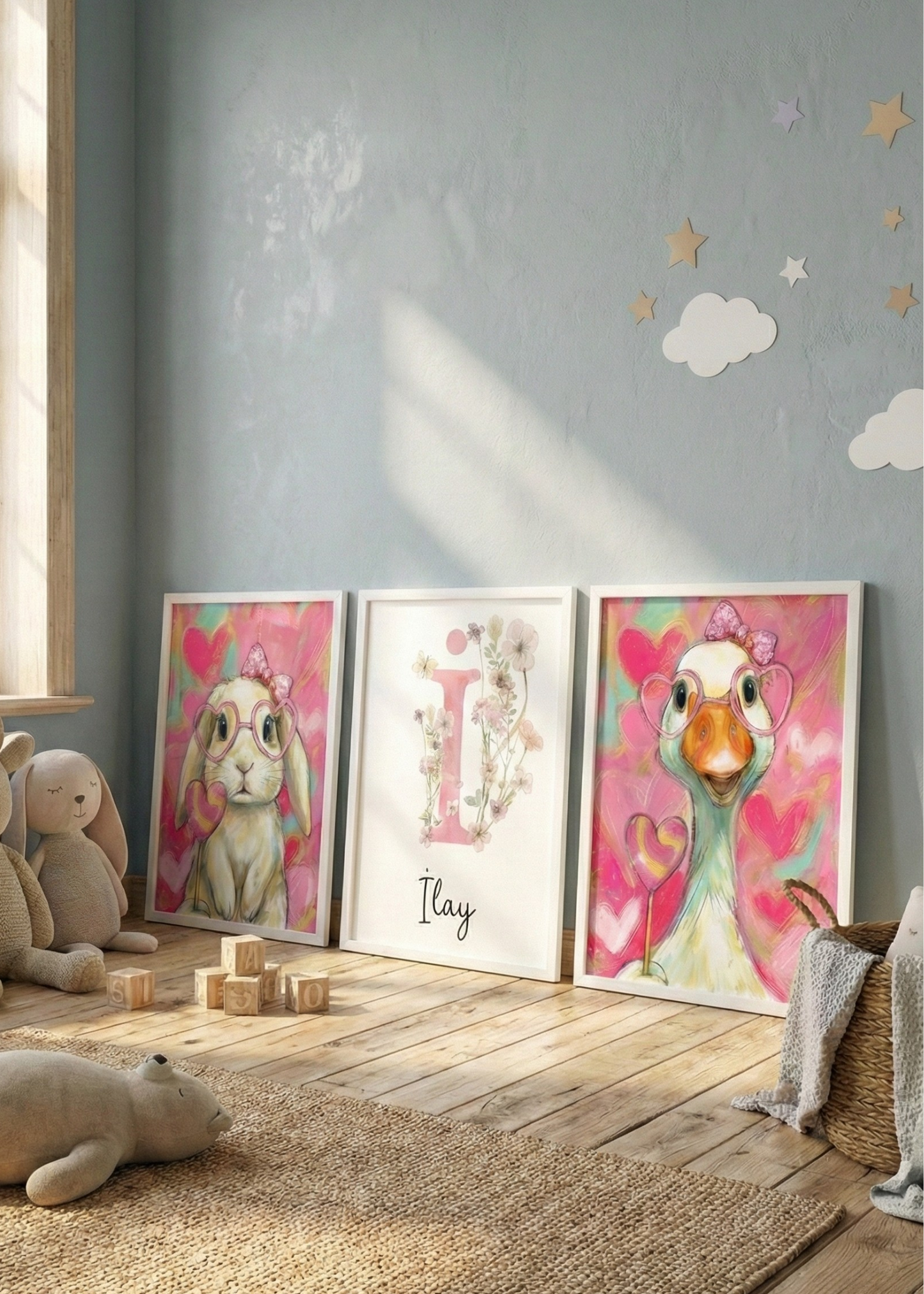 Kişiye Özel İsimli 3'lü Çocuk Odası Tablo Seti - Pembe Tavşan ve Kaz Tasarım