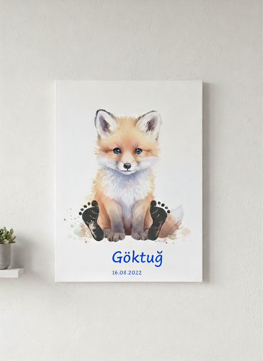Kişiye Özel Tilki Temalı Bebek Ayak İzi Tablo Kiti – İsim ve Doğum Tarihli Hatıra Tablosu – Boya ve Fırça Dahil 40x60 cm