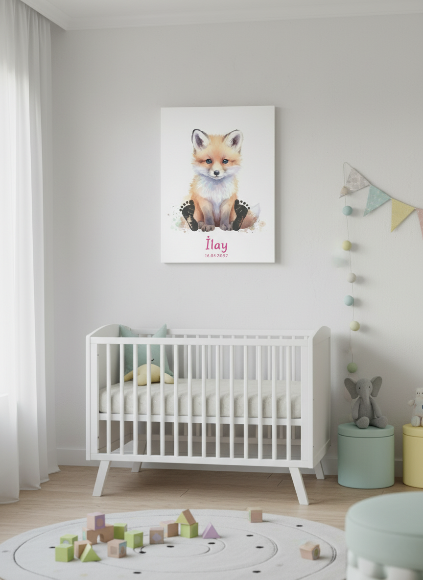 Kişiye Özel Tilki Temalı Bebek Ayak İzi Tablo Kiti – İsim ve Doğum Tarihli Hatıra Tablosu – Boya ve Fırça Dahil 40x60 cm