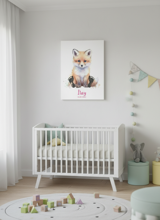 Kişiye Özel Tilki Temalı Bebek Ayak İzi Tablo Kiti – İsim ve Doğum Tarihli Hatıra Tablosu – Boya ve Fırça Dahil 40x60 cm
