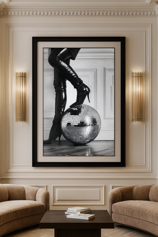 Siyah Beyaz Modern Sanat Tablosu – Disco Topu ve Deri Çizme Tasarımı
