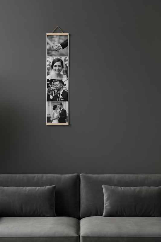 Kişiye Özel 4 Fotoğraflı Siyah Beyaz Poster | 15x100 cm Asılmaya Hazır Dikey Tasarım- Düğün Fotoğrafı