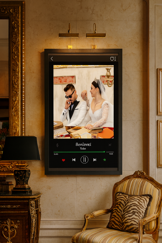 Kişiye Özel “Müzik Çalar” Düğün Posteri – Fotoğraf + Şarkı İsmi | Çerçeveli UV Baskı 🎵🖼️