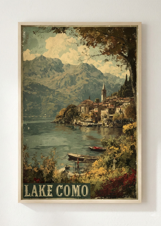 Lake Como Italy Vintage Tasarım Doğal Ahşap Çerçeveli Tablo