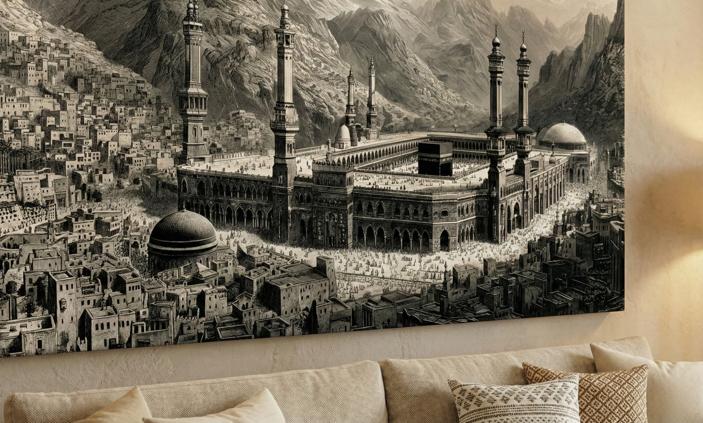 Kabe Temalı Kanvas Tablo Siyah Beyaz İslami Duvar Dekoru Salon Oturma Odası Manevi Dekor