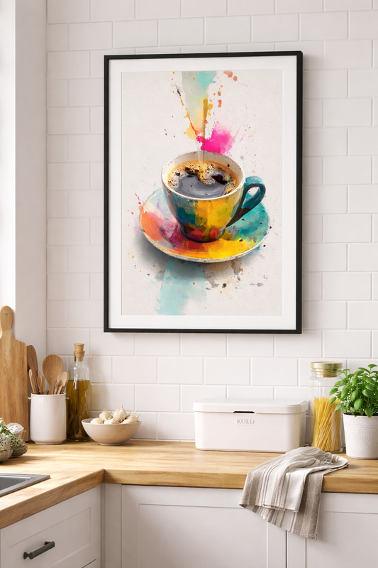 Kahve Köşesi Sulu Boya Tasarım Çerçeveli Tablo - Modern Mutfak Duvar Dekoru