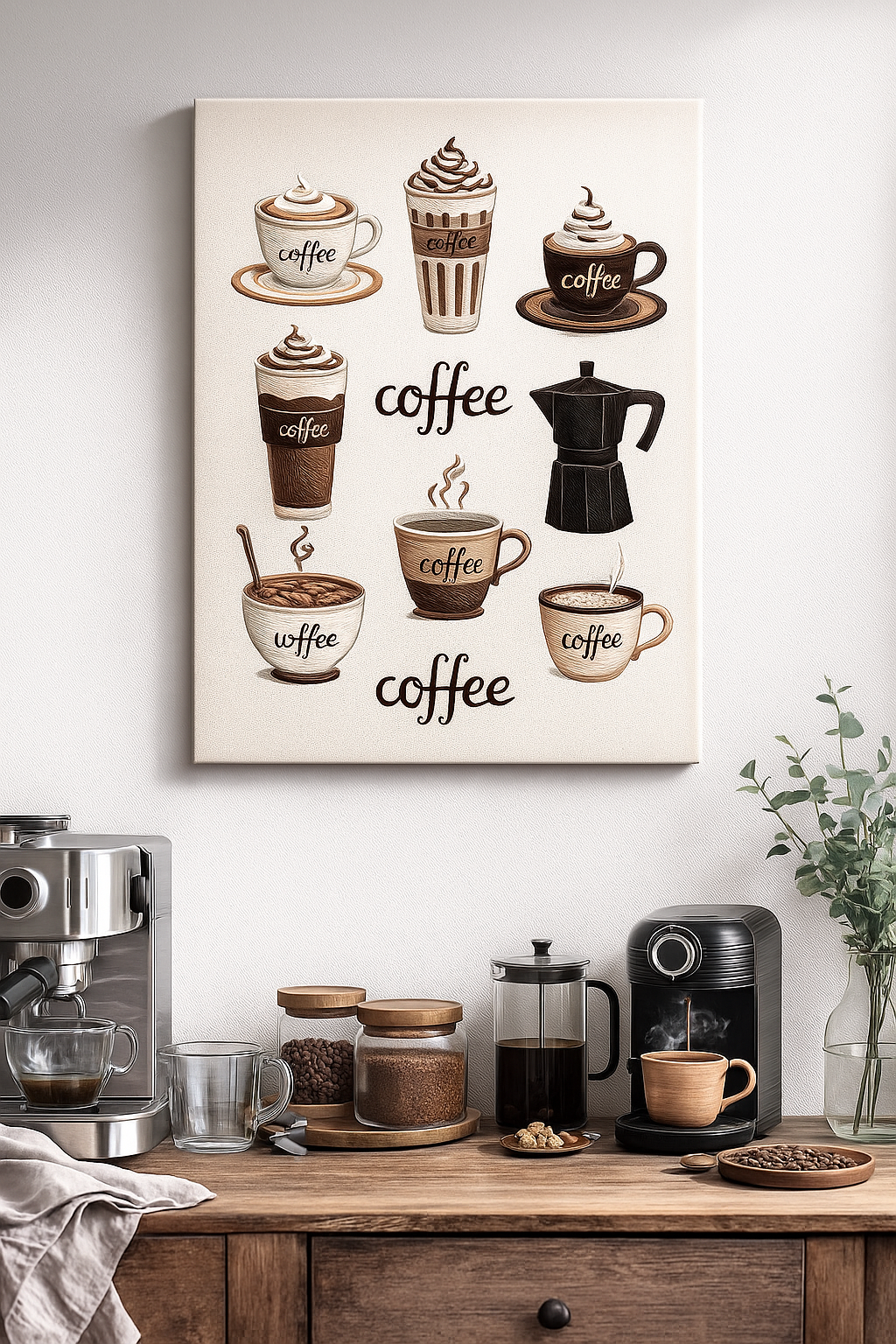 Kahve Tutkunlarına Özel Çizim Tasarım Kanvas Tablo – Mutfak & Kahve Köşesi Duvar Dekoru