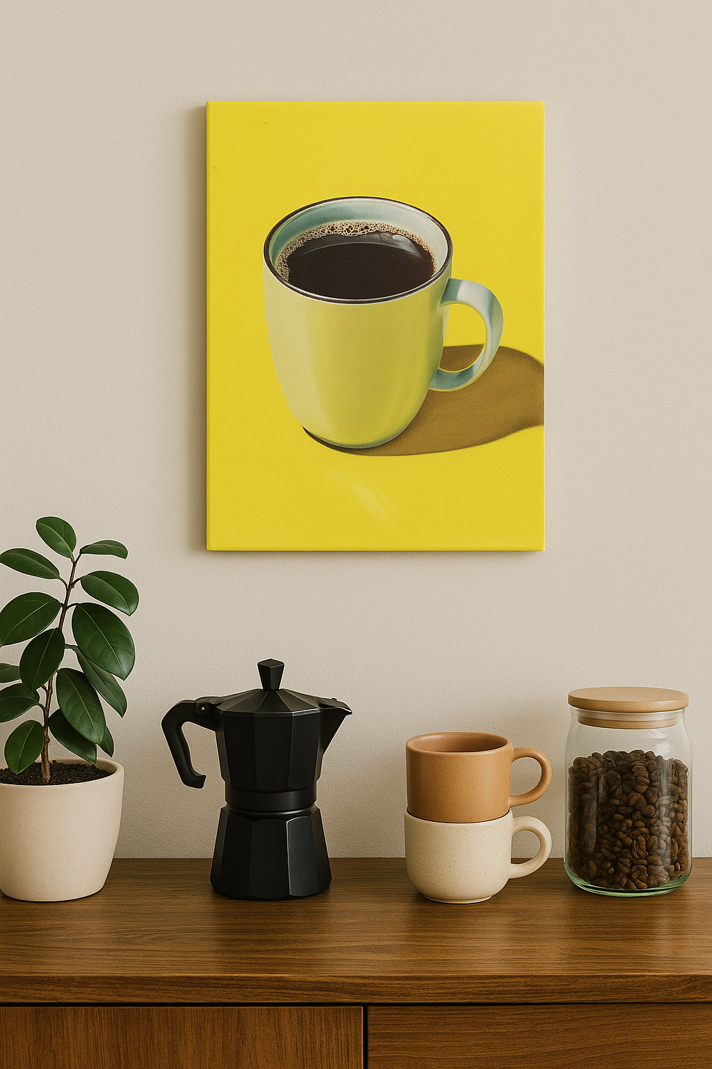 Minimal Sarı Fondan Büyük Kahve Bardağı Tasarım Kanvas Tablo – Kafe ve Kahve Köşesi Duvar Dekoru