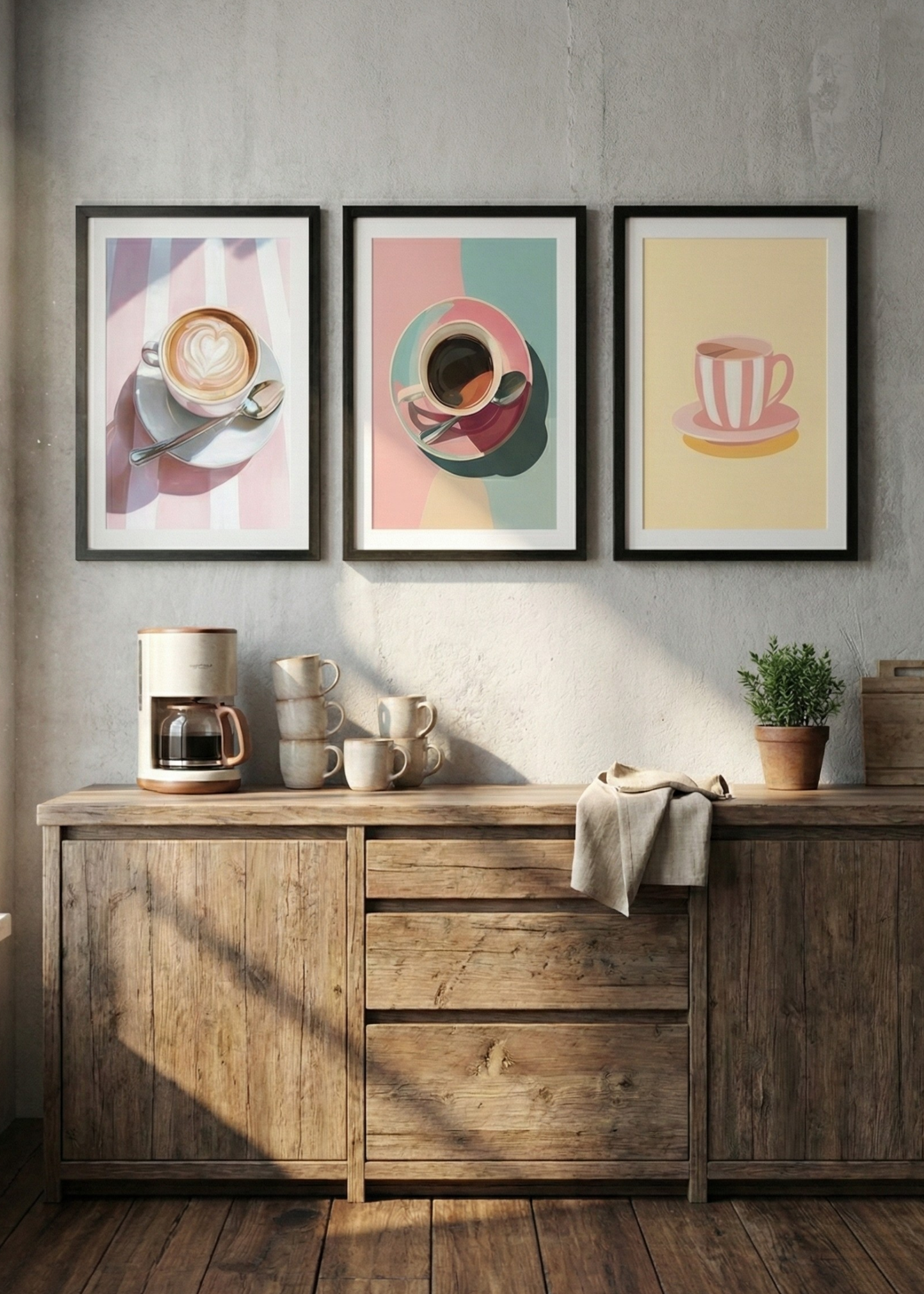 Pembe Kahve Serisi Modern Mutfak Çerçeveli Üç Adet Tablo Seti - Pink Aesthetic