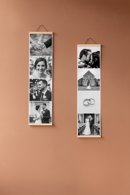 Kişiye Özel 4 Fotoğraflı Siyah Beyaz Poster | 15x100 cm Asılmaya Hazır Dikey Tasarım- Düğün Fotoğrafı