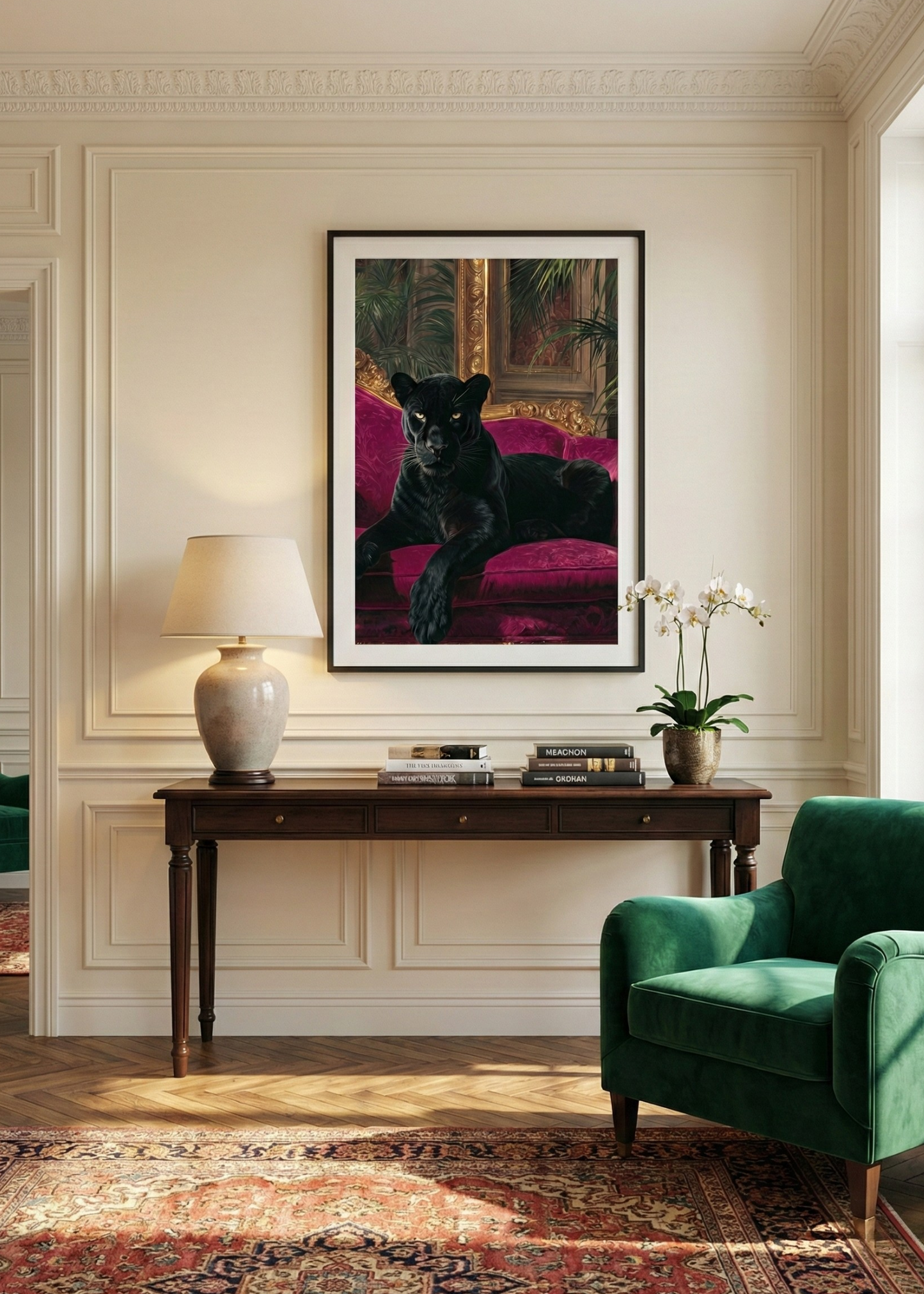 Pembe Kadife Koltukta Kara Panter Tasarım Siyah Çerçeveli Tablo - Lüks Duvar Dekoru