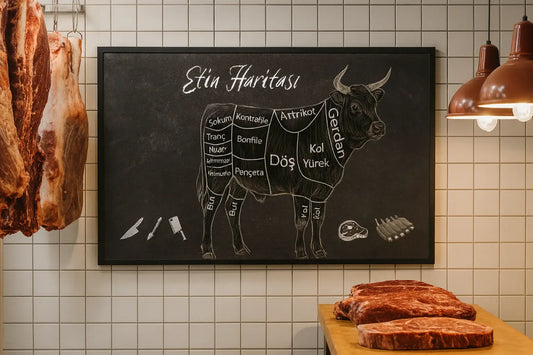Kasap Dükkanı Duvar Dekoru – Etin Haritası Canvas Tablo | Et Bölümleri Poster | Şık ve Eğitici Kasap Dekoru | Steakhouse Duvar Süsü