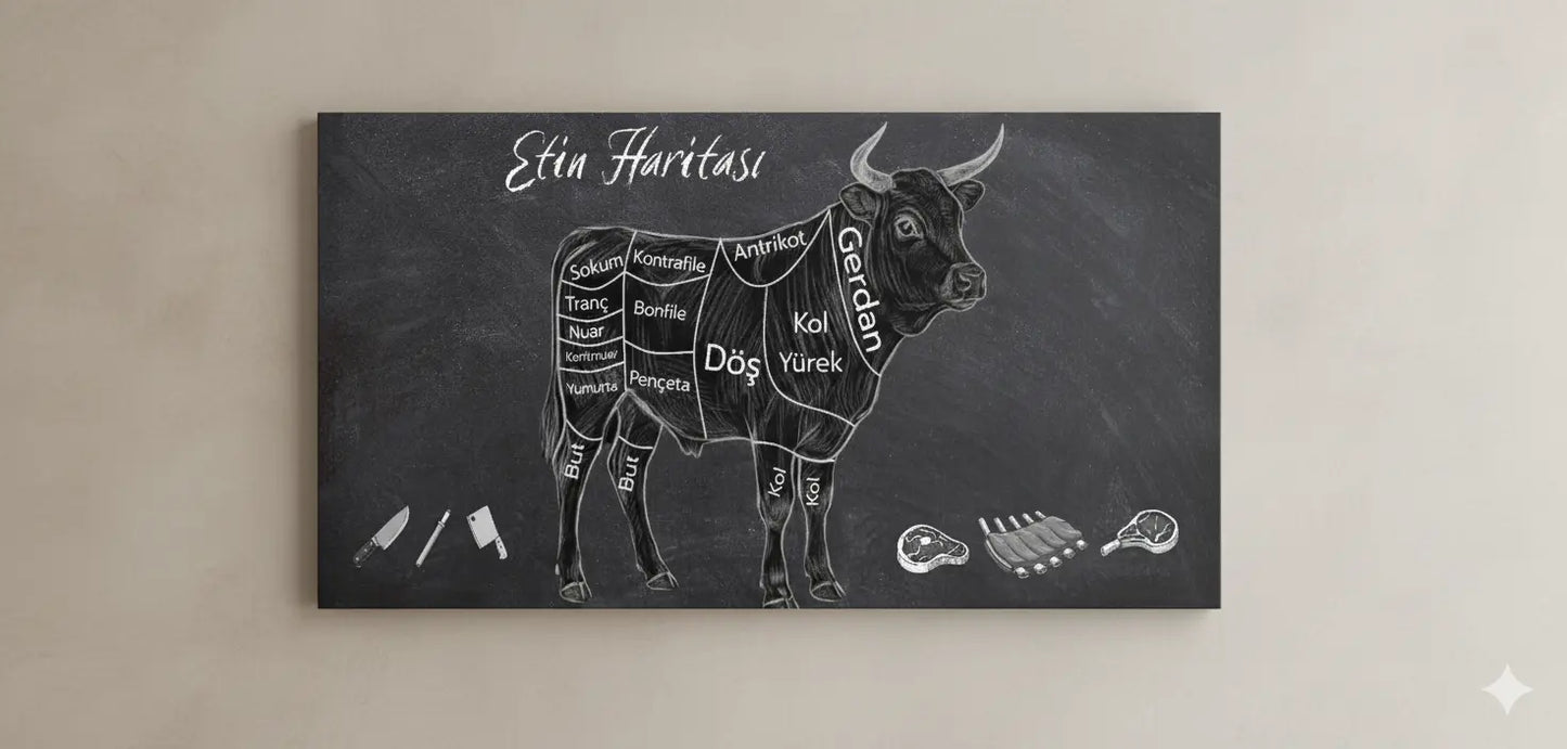 Kasap Dükkanı Duvar Dekoru – Etin Haritası Canvas Tablo | Et Bölümleri Poster | Şık ve Eğitici Kasap Dekoru | Steakhouse Duvar Süsü