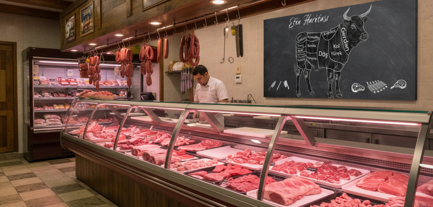 Kasap Dükkanı Duvar Dekoru – Etin Haritası Canvas Tablo | Et Bölümleri Poster | Şık ve Eğitici Kasap Dekoru | Steakhouse Duvar Süsü