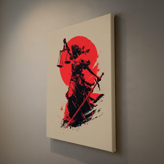 Kırmızı Güneş Temalı Themis Kanvas Tablo – Avukat ve Hukuk Ofisleri İçin Güçlü Adalet Tasarımı