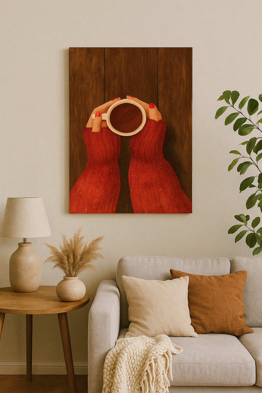 Kırmızı Kazaklı Kahve Keyfi Kanvas Tablo – Sıcak Atmosfer Sevenlere Özel Duvar Dekoru