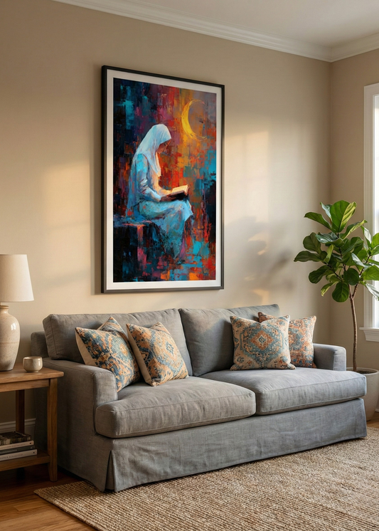 Manevi Huzur: Hilal Altında Kitap Okuyan Kadın Siyah Çerçeveli Tablo