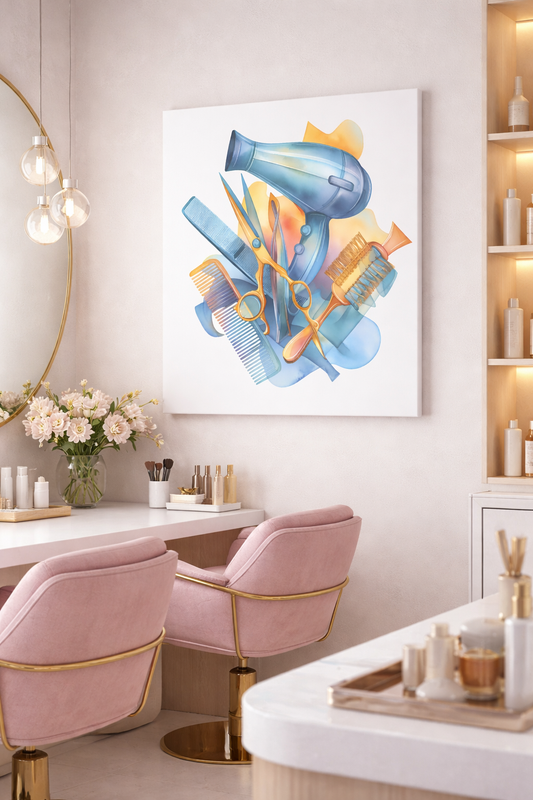 Kuaför ve Güzellik Merkezi Dekoratif Kanvas Tablo - Sulu Boya Tasarım Ekipmanlar