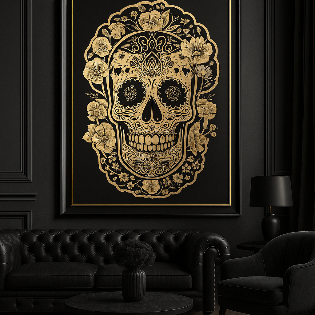 Altın Desenli Sugar Skull Kurukafa Sanat Tablosu Siyah Çerçeveli Modern Dekor