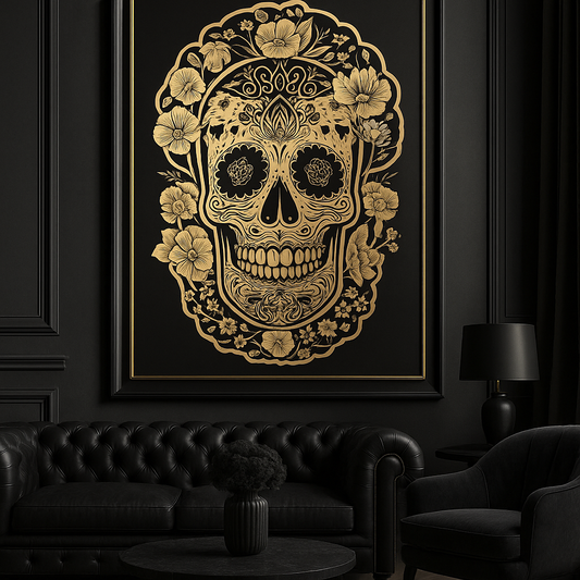Altın Desenli Sugar Skull Kurukafa Sanat Tablosu Siyah Çerçeveli Modern Dekor