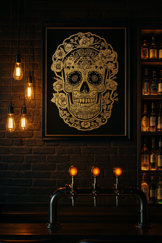 Altın Desenli Sugar Skull Kurukafa Sanat Tablosu Siyah Çerçeveli Modern Dekor