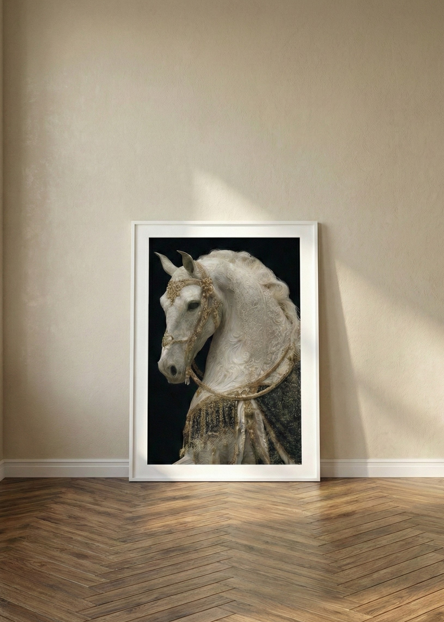 Gold Renkli Beyaz At Siyah Desen Tasarım Çerçeveli Tablo - Lüks Ofis ve Salon Dekoru