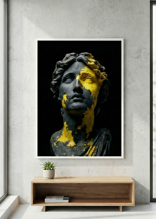 Modern Antik Büst Heykel Tasarım Beyaz Çerçeveli Tablo - Sarı Siyah Sanat