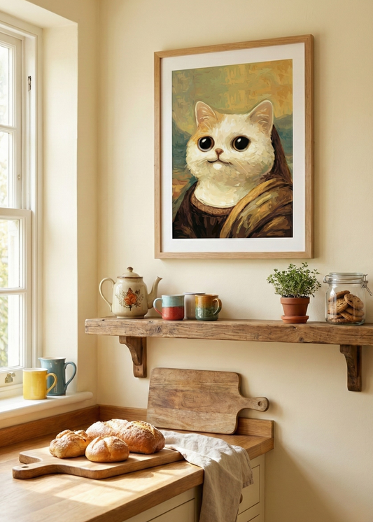 Komik Kedi Mona Lisa İllüstrasyon Çerçeveli Tablo - Modern Duvar Dekoru